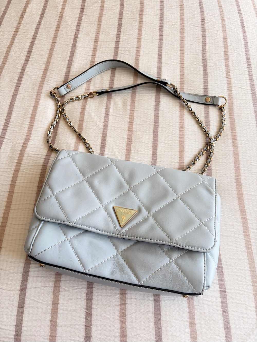 Guess Quilted Chain Crossbody Bag in Light Blue with Gold Hardware